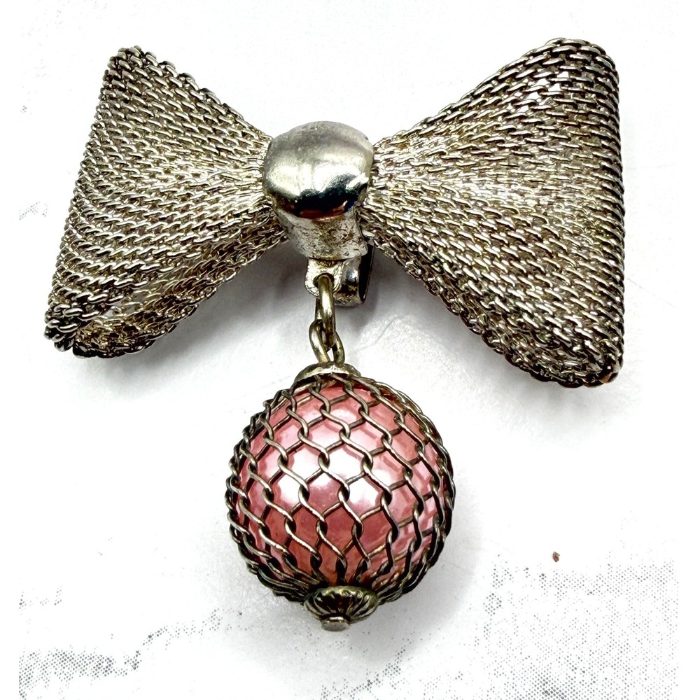 Vintage Silver Mesh Bow Pendant Pink Glass Bead Dangle 1.5"